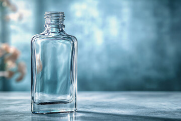 Elegant glass bottle on a chic table with a blurred blue and silver backdrop, ideal for medical products
