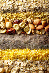 Cereal layers showcase health benefits in a vibrant collage of natural grains and nuts in rustic tones