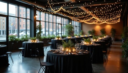Elegant event venue space with round tables covered by black tablecloths. Green plants centerpieces candles and string lights decorate. Interior design creates a modern stylish dining area setting.