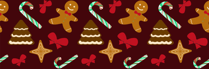Rich seamless Christmas pattern featuring a repeating mix of gingerbread men, candy canes, star cookies, and bows on a deep burgundy background for sophisticated holiday designs.