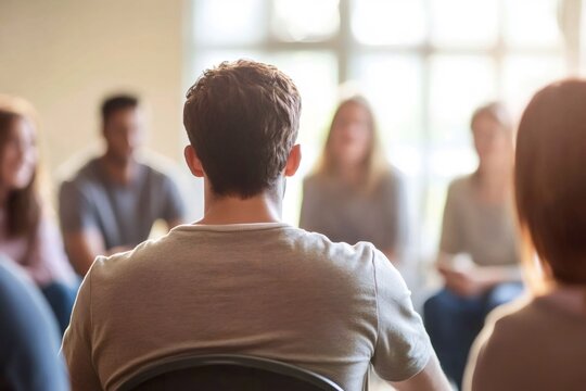 Man in foreground addressing a diverse group of people sitting in a circle during a counseling or coaching session