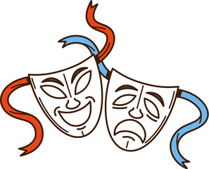 Cartoon theater and movie comedy and tragedy masks. Movie media production, filmmaking and video entertainment retro vector symbol. Cinematography industry and theater art acting vintage icon