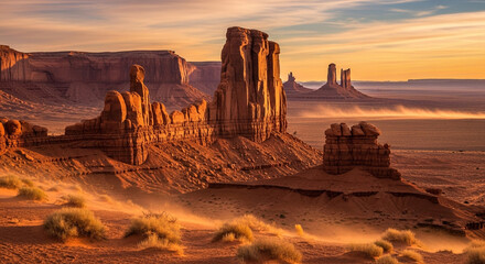 Monument valleys majestic sandstone buttes rise from the desert floor, illuminated by the warm glow of the setting sun, creating a breathtaking panorama