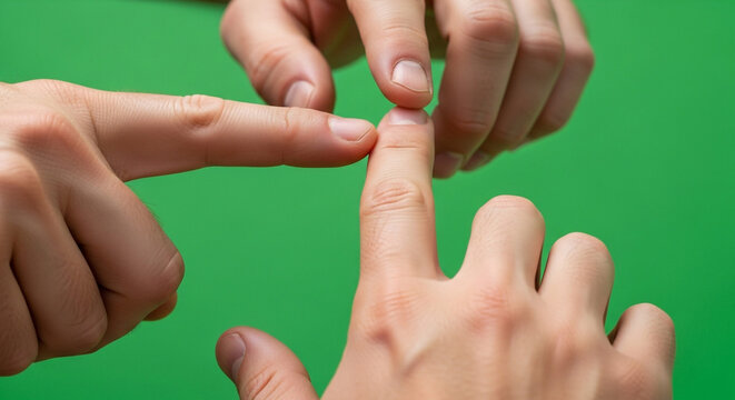 Two hands touching fingers in a thoughtful gesture against a vibrant green background, conveying connection and communication - Powered by Adobe