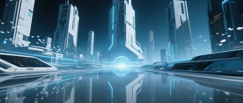 An abstract blue background of fiber optics with light spots complements the skyline silhouette of a city at night, reflecting an urban concept of business architecture