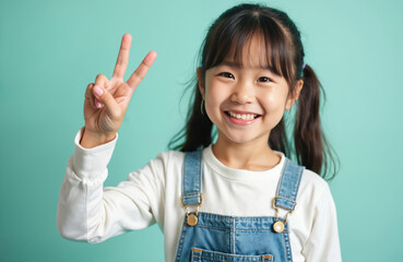 Young Asian girl shows peace sign with smile on face. Child makes victory gesture with fingers. Portrait of happy kid with positive emotion on cyan background