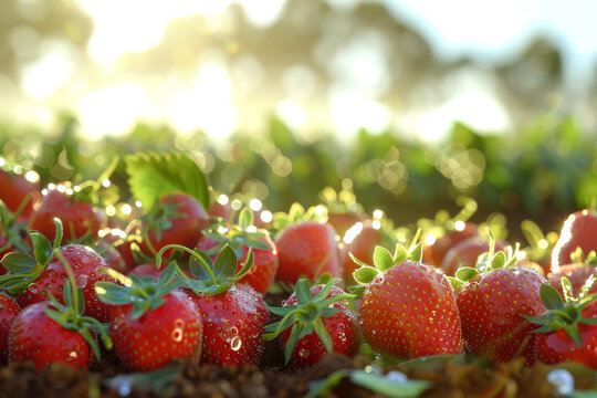 Fresh ripe strawberries glistening in the warm sunlight on a farm field