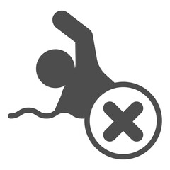 Swimmer man ban solid icon, swimming concept. Vector graphics. Human in water with close button, forbidden item sign on white background, glyph style icon for mobile or web design.