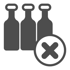 Three glass bottles ban solid icon, recycling concept. Vector graphics. Bottles with close button, forbidden item sign on white background, glyph style icon for mobile or web design.