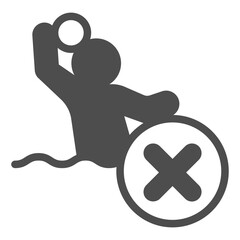 Man with ball in water ban solid icon, water sport concept. Vector graphics. Player with close button, forbidden item sign on white background, glyph style icon for mobile or web design.