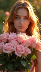 Naklejka premium Young woman with long hair holds bouquet of pink roses in sunlit garden during golden hour. Soft warm light illuminates her face and floral arrangement, creating atmosphere of serenity and joy.