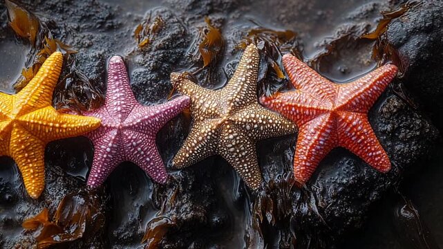 Colorful Starfish on Rocky Seabed Underwater Scene.