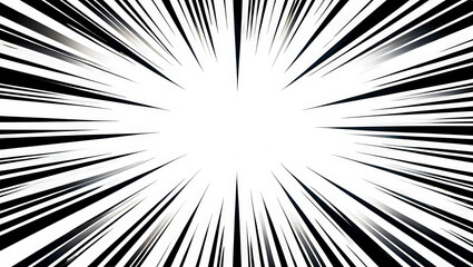Naklejka premium Black anime speed lines on white. Radial comic light speed lines. Velocity lines, flash action concept. High-speed, black and white speed lines. Manga anime background