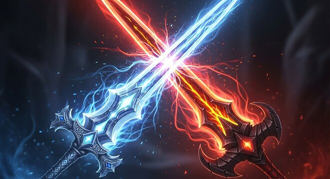 Two glowing swords clashing in a vibrant display of energy.