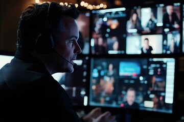 Professional man wearing headset actively engaging in an online conference call, connecting with multiple remote team members