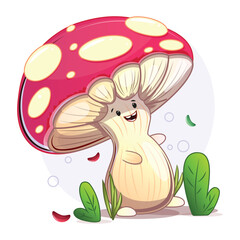 Happy toadstool drawing, kawaii fly agaric with big hat, smile, nature fantasy, playful children’s vector art