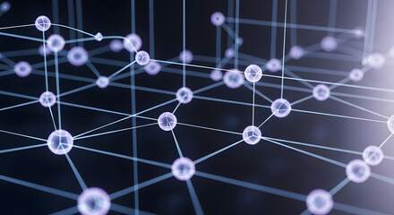 A close up view of a network of interconnected spheres with lines on a dark background