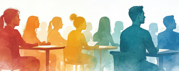 Diverse students listen attentively in a bright, colorful classroom. Young people sit at tables, engaged in learning and discussion. Education, collaboration, and modern teaching methods concept.
