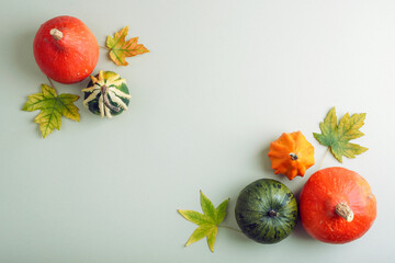 Autumn frame with colorful pumpkins and leaves on green background. Thanksgiving concept. Top view, flat lay, copy space