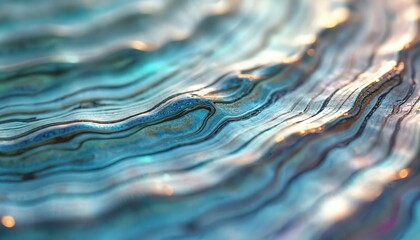 Close-up of iridescent abalone shell with shimmering colors. Smooth surface with wavy lines in shades of blue, green, turquoise. Natural material with opalescent sheen, reflecting light.