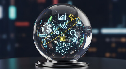 A crystal ball containing financial and business icons floating inside on a dark background