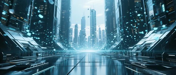 Abstract fiber optic technology background with glowing light spots over a blue urban cityscape skyline