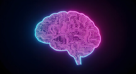 Glowing brain outline filled with circuit board pattern against a dark background gradient