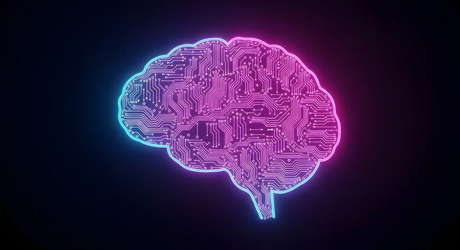 Glowing brain outline filled with circuit board pattern against a dark background gradient