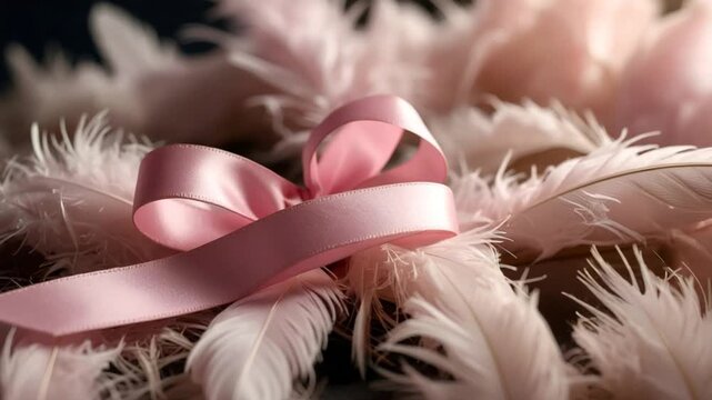 Pink ribbon and feathers decor