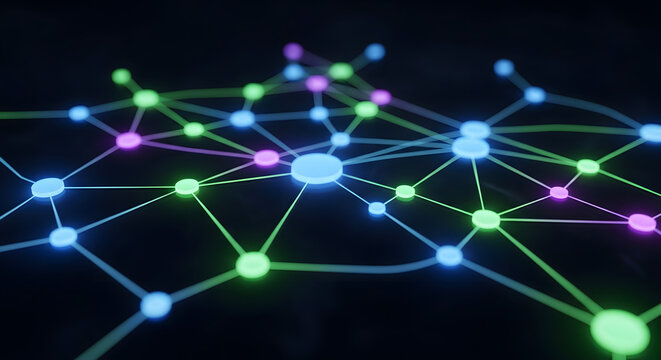 An abstract network of glowing nodes connected by lines in shades of blue green and pink
