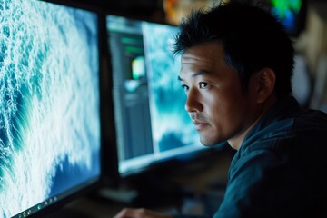 Scientist concentrating on computer monitors, studying environmental data and complex tsunami wave patterns in a research lab