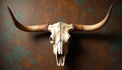 Fototapeta premium Close up of a longhorn bull skull. Animal bones decorate ranch on wild west. Skeleton symbolizes Texas western culture and cowboy lifestyle in rustic art. Cattle head with big horns.