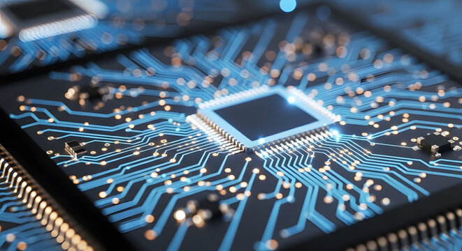 Close up shot of a microchip with blue glowing lines and a black square in the center of it