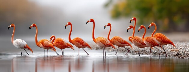 Flamingos wading in tranquil waters while foraging for food during soft light at a tropical wetland location