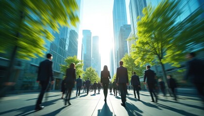 Business people walk near office buildings, green trees. Motion blur conveys busy atmosphere in downtown. Urban landscape features modern architecture. It symbolizes economy growth, corporate ethics.
