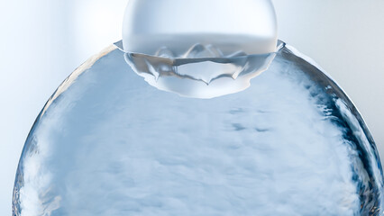 Essential Oil Bubbles for cosmetics in water. blue liquid bubbles, fluid flow. Collagen, atoms floating, Moisturizing Cream, Skin Serum, Vitamin, beauty concept, Realistic Drops, Molecule, 3d render