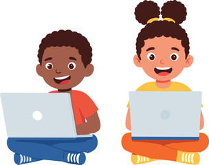 Children using laptops, cartoon illustration, digital learning, modern education, online study, playful technology, happy kids, e-learning concept, childhood creativity, tech lifestyle,