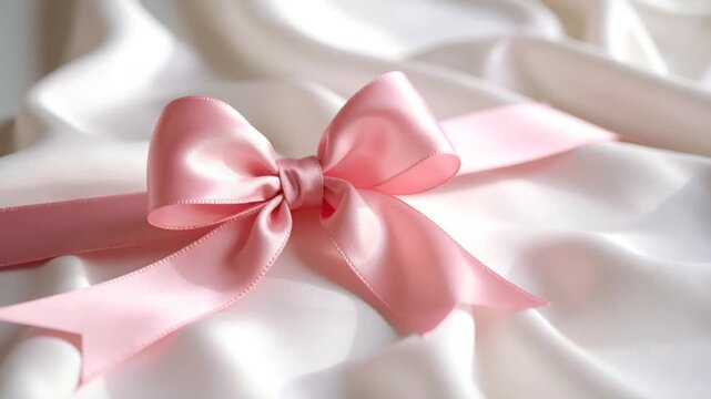 Pink ribbon bow on white fabric background for gift or decoration