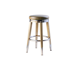 Modern bar stool with polished metal legs and round wooden seat perfect for kitchens and pubs