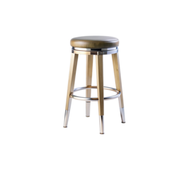 Modern bar stool with polished metal legs and round wooden seat perfect for kitchens and pubs