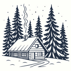 Naklejka premium Cozy wooden cabin in snowy forest with pine trees and smoke 