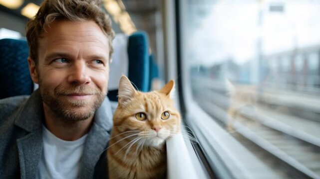 Man cat train window travel journey happy pet transportation adventure start description with ginger cat and man sitting by train window enjoying travel together reflecting companionship relaxation