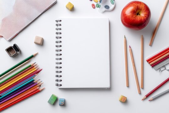 Overhead Desk Shot with Blank Notebook and School Supplies
