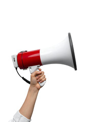 Hand holding red and white megaphone isolated on transparent background. Perfect for announcement, promotion, and communication concepts.