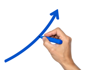 One hand holds a blue marker pen and is drawing a graph with a large blue arrow pointing upwards. The transparent background and white color represent growth, success, development.