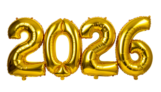 Set of large shiny gold foil balloons arranged in the shape of the number "2026" isolated on a white background and transparent PNG.
