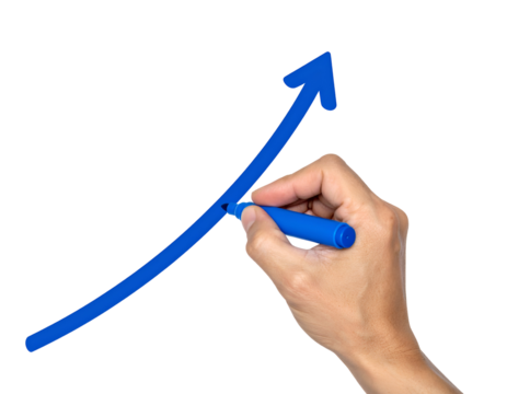 One hand holds a blue marker pen and is drawing a graph with a large blue arrow pointing upwards. The transparent background and white color represent growth, success, development.