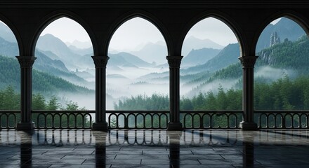 Misty Mountains View Through Ancient Arches Landscape Scenery