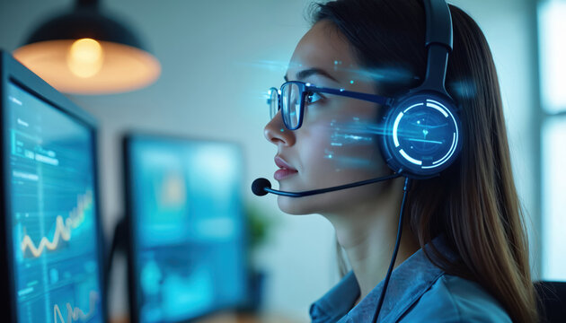 Woman with headset works in a modern office. She provides online tech support, looks at monitor. Agent solves client problems. Female employee offers help, assistance to customers.