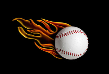 Baseball ball flying with flames and water droplets
